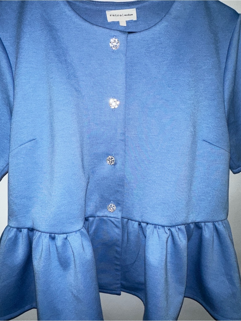 #189 Entro peplum Blue Short-Sleeve blue  Button-Front Top, Rhinestone Buttons - Picture 2 of 5